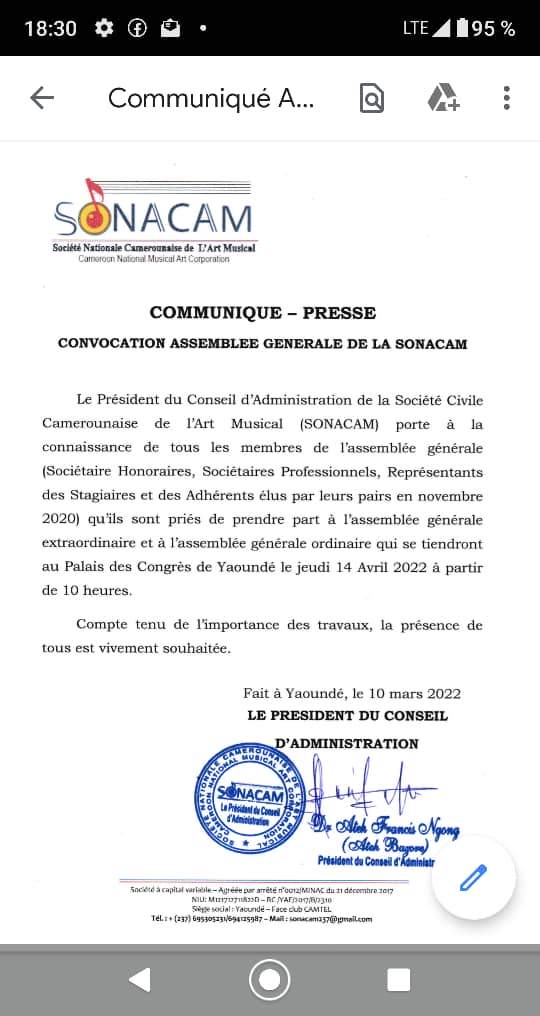 Communique convocation AG Sonacam