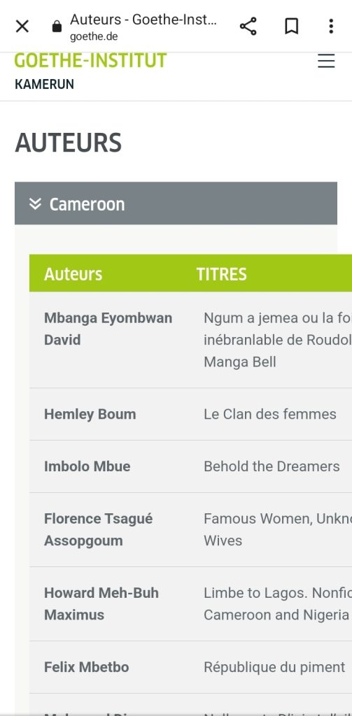 Liste Institut Goethe des auteurs Kamerun